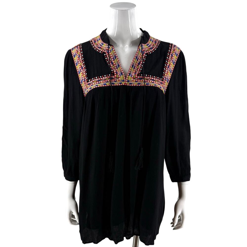 Jack by BB Dakota Womens Embroidered Tunic Top Size Medium Black Red Yellow Boho